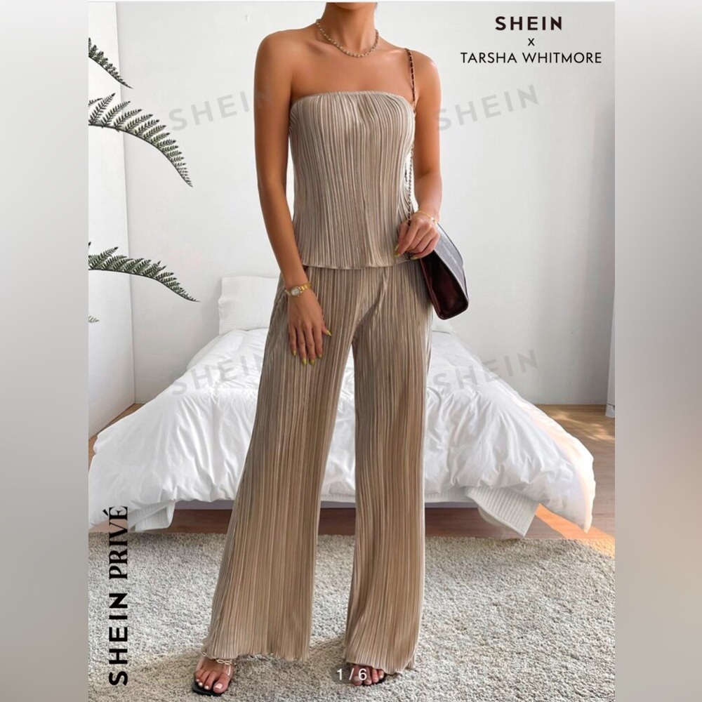 SHEIN Privé Beige Pleated Jumpsuit size large